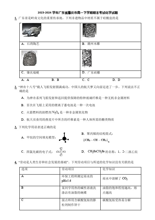 2023-2024学年广东省肇庆市高一下学期期末考试化学试题