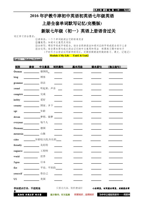 2016年沪教牛津初中英语初英语七年级英语上册全套单词默写记忆(完整版)