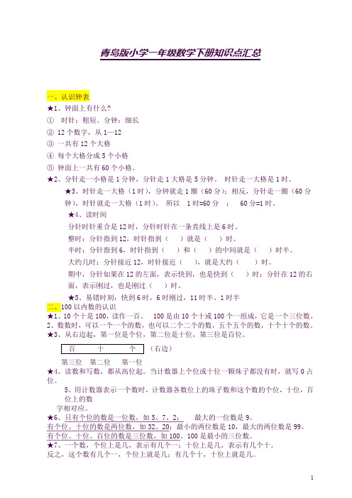 (完整word版)2017青岛版一年级数学下册知识点归纳总结(最新)(良心出品必属精品)