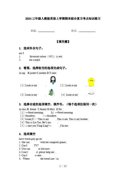 2024三年级人教版英语上学期期末综合复习考点知识练习