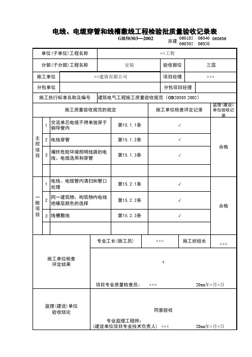 电线电缆穿管及线槽敷先线检验批1-资料员施工试验表格填写范例工程质量验收记录检验批资料