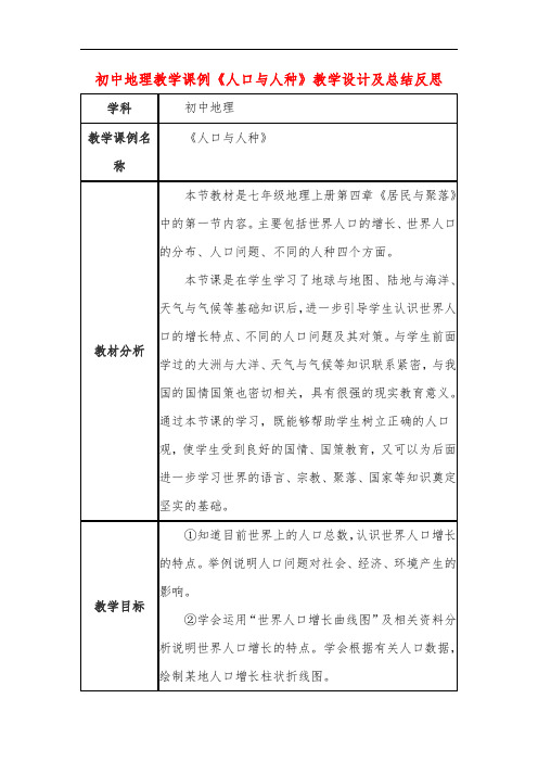 初中地理教学课例《人口与人种》课程思政核心素养教学设计及总结反思