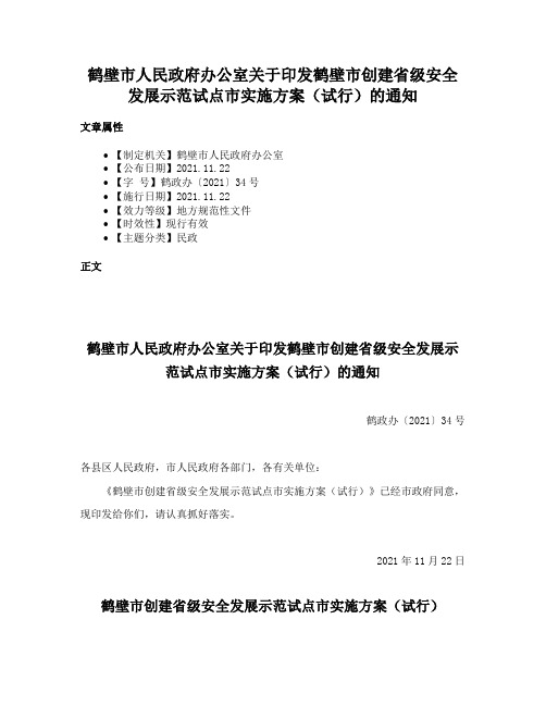 鹤壁市人民政府办公室关于印发鹤壁市创建省级安全发展示范试点市实施方案（试行）的通知