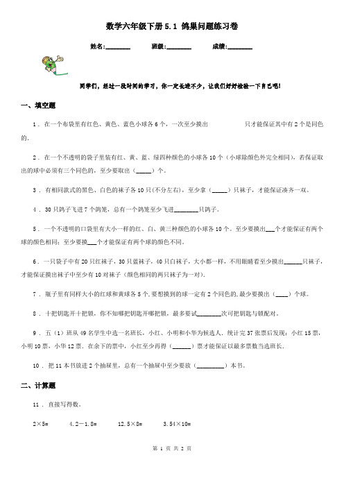 数学六年级下册5.1 鸽巢问题练习卷