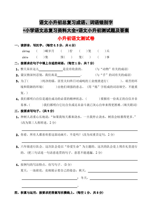 语文小升初总复习成语、词语错别字+小学语文总复习资料大全+语文小升初测试题及答案