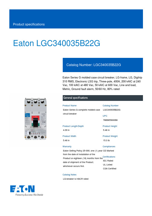 美国Eaton公司产品说明书：Eaton LGC340035B22G型电子保护电路断路器