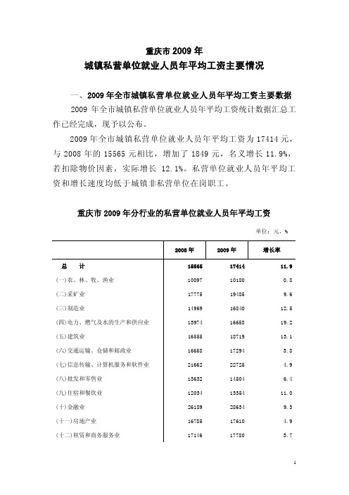 重庆市2009年城镇私营单位就业人员年平均工资主要情况