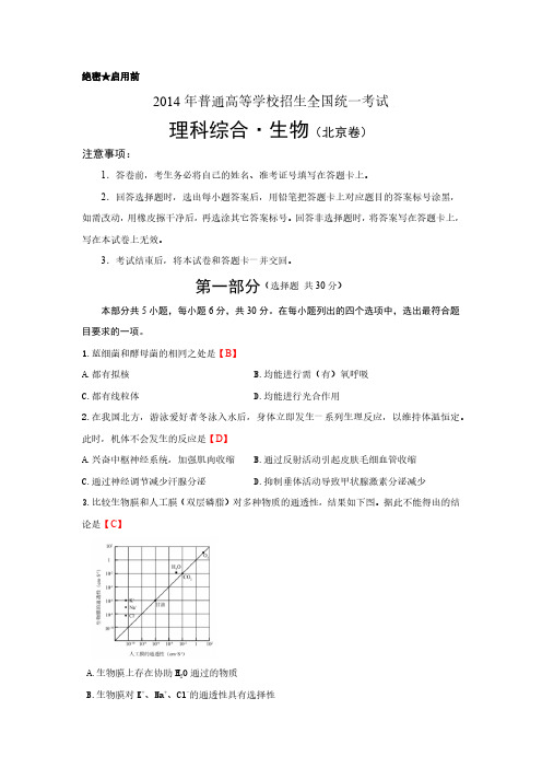 2014年高考理综生物北京卷含答案