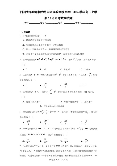 四川省乐山市犍为外国语实验学校2023-2024学年高二上学期12月月考数学试题