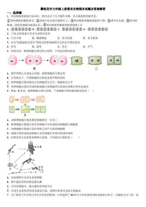 攀枝花市七年级上册期末生物期末试题及答案解答