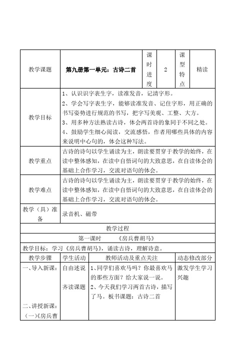 北师大版语文五年级上册《古诗二首：房兵曹胡马、马诗》2课时精读表格式精品教案