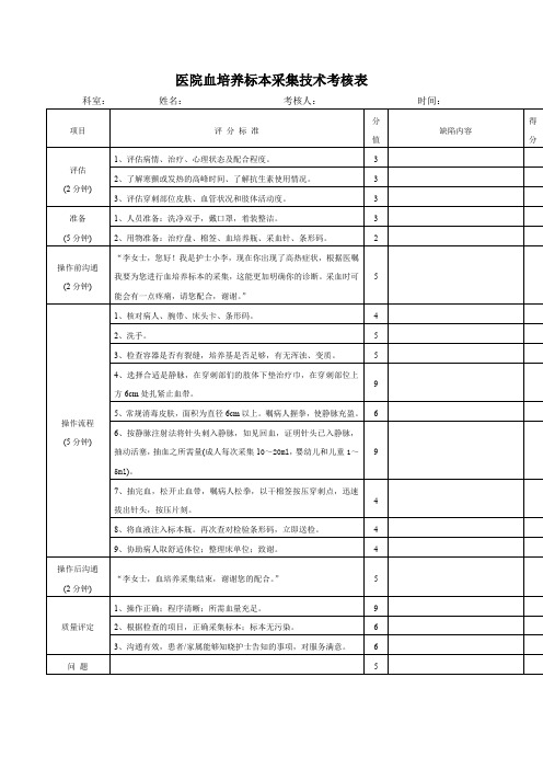 医院血培养标本采集技术考核表