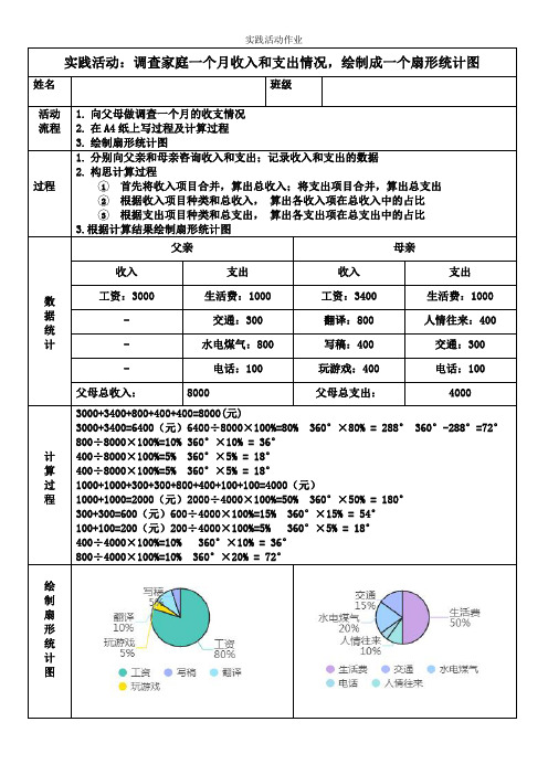 2023小学数学六年级上册实践活动《调查家庭一个月收入和支出情况绘制成扇形统计图》解析和空白表