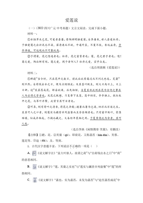 中考语文专题3爱莲说对比阅读(解析版)