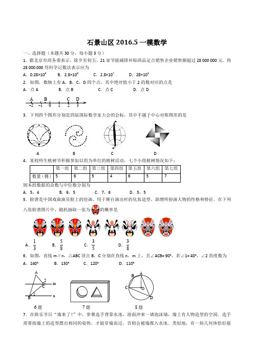 2016石景山数学一模