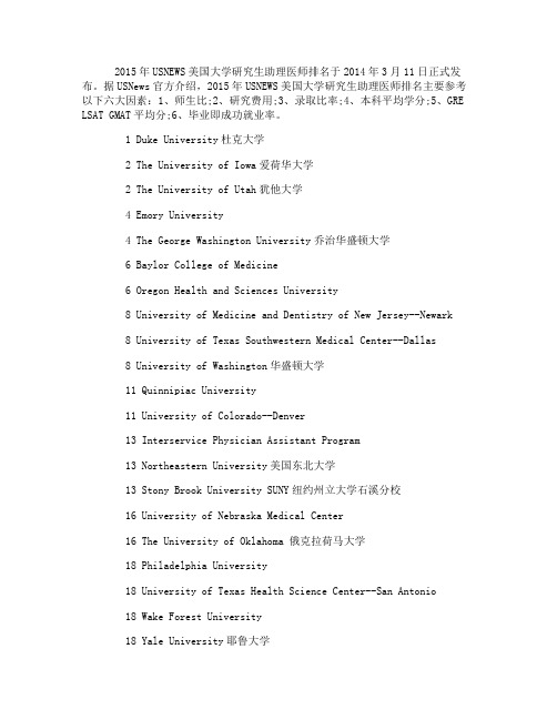 美国留学 2015USNews美国大学研究生助理医师学专业排名