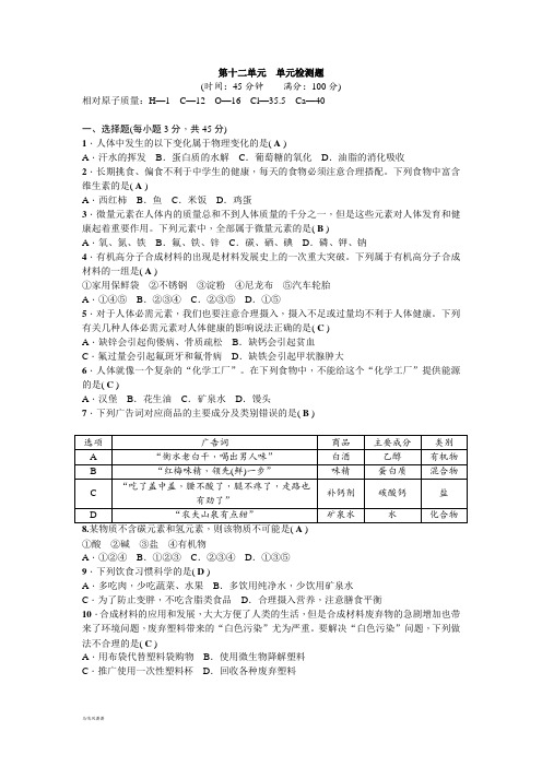 鲁教版化学九年级上册第十二单元单元检测题教师版含答案.docx