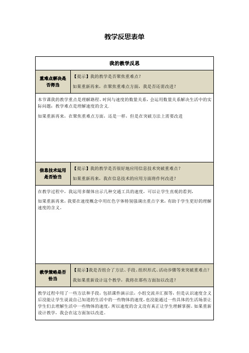 【速度、时间和路程之间的关系】教学反思