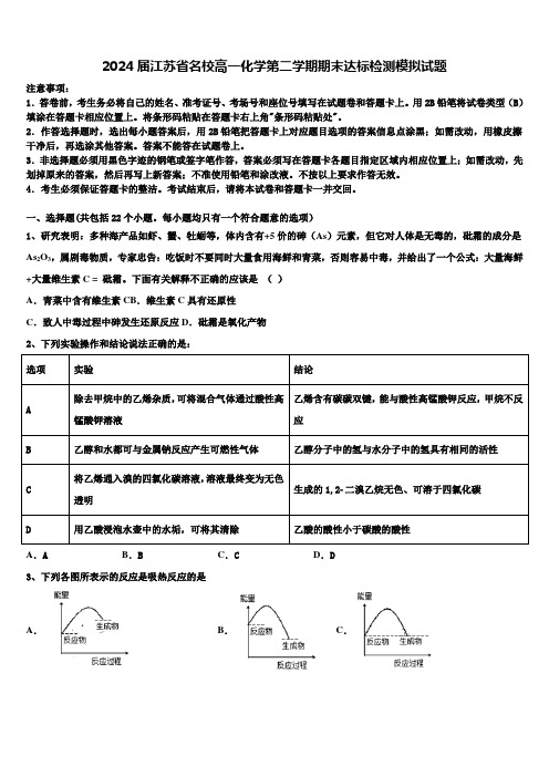 2024届江苏省名校高一化学第二学期期末达标检测模拟试题含解析