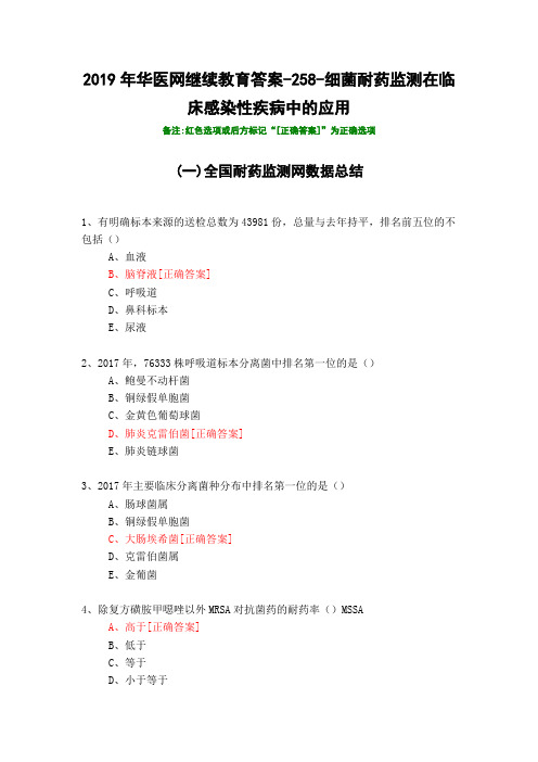 细菌耐药监测在临床感染性疾病中的应用-258-2019年华医网继续教育答案