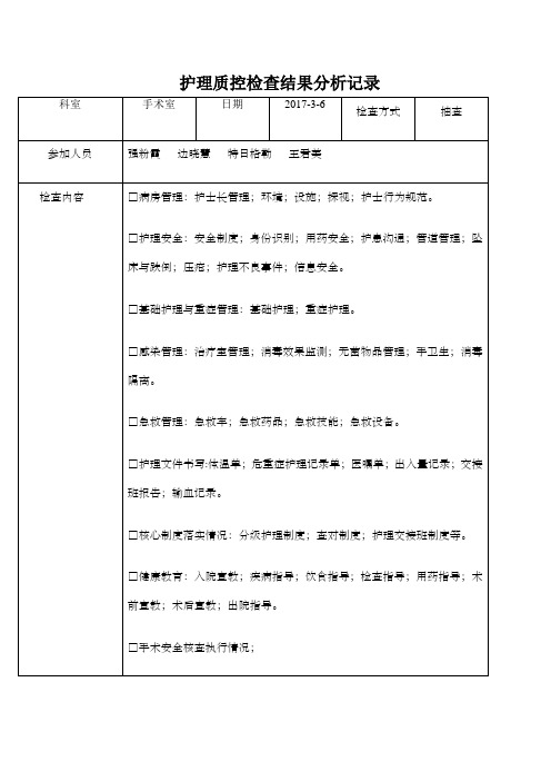 年月份护理质控检查结果分析记录