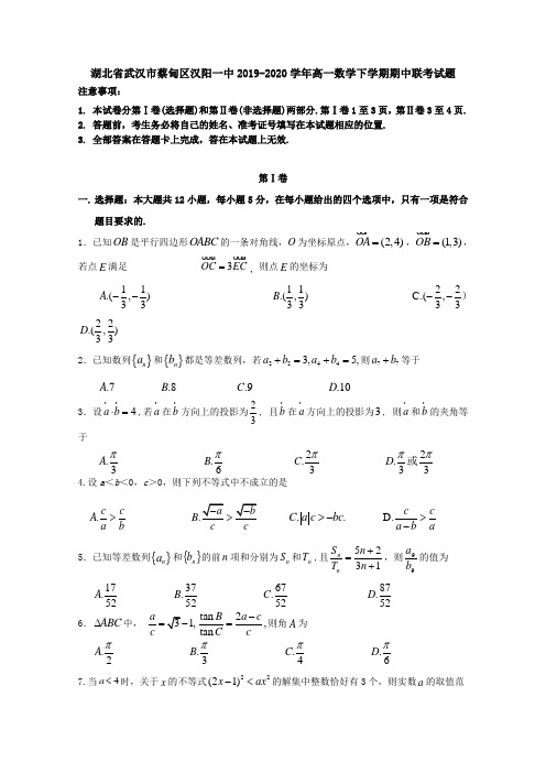 湖北省武汉市蔡甸区汉阳一中2019-2020学年高一数学下学期期中联考试题[含答案]