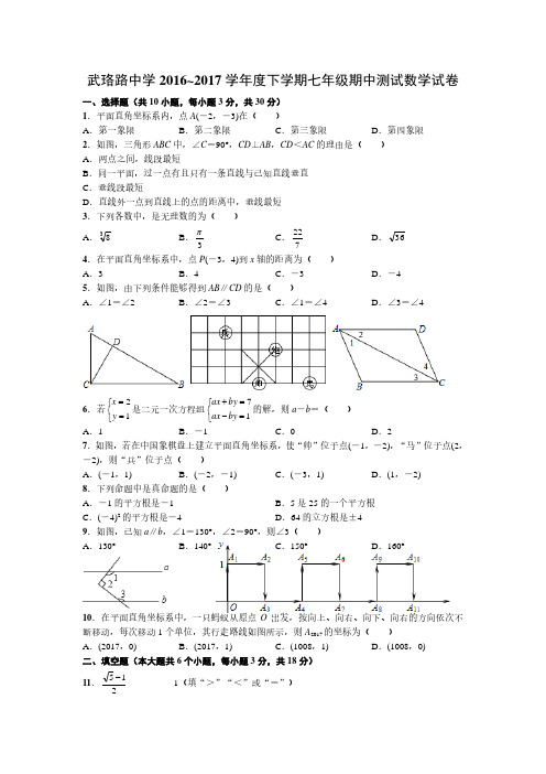 武珞路中学2016~2017学年度下学期七年级期中测试数学试卷