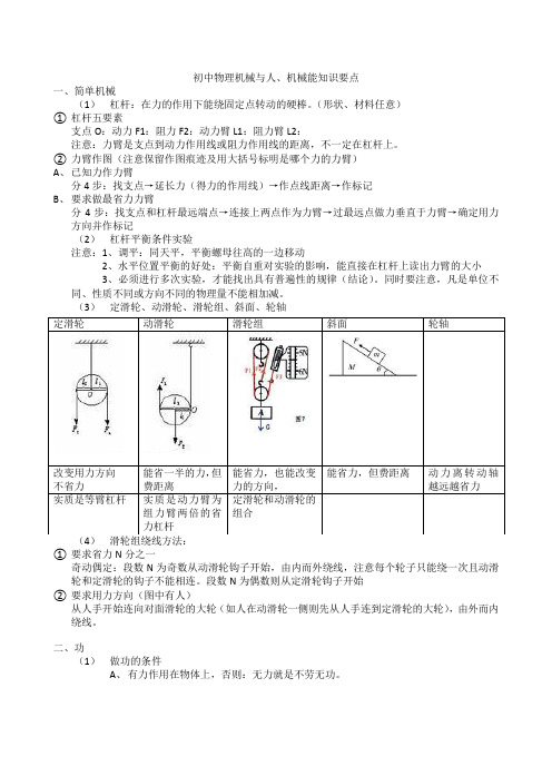 初中物理机械与人、机械能知识要点