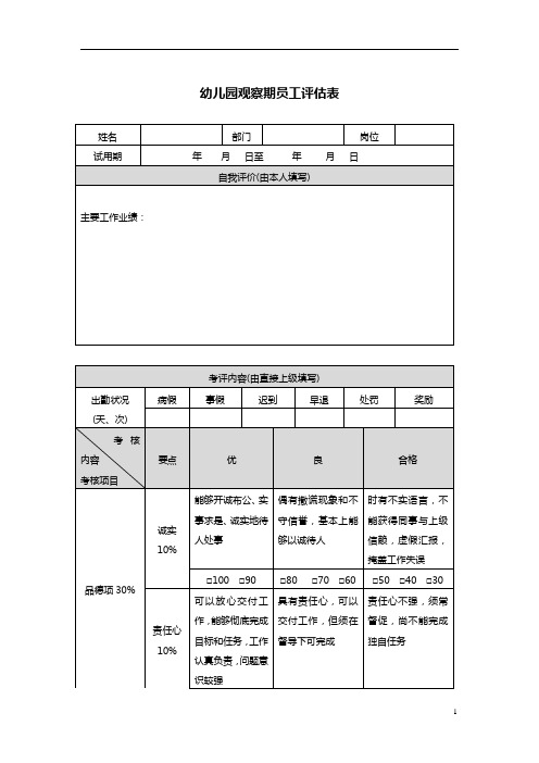 【员工档案表】幼儿园观察期员工评估表