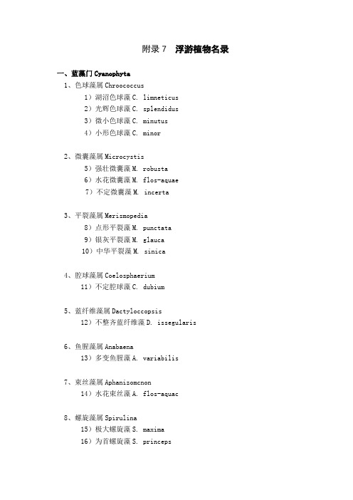 附录7 浮游植物名录