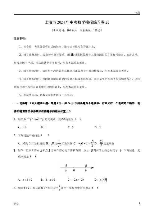 2024年上海中考数学模拟练习卷二十及参考答案