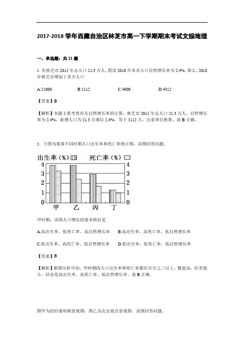 西藏自治区林芝市2017-2018学年高一下学期期末考试文综地理试卷 Word版含解析