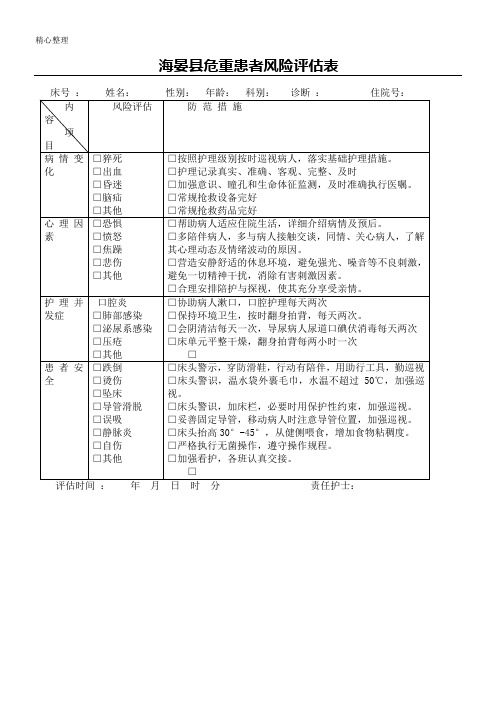 危重患者风险评估表格模板