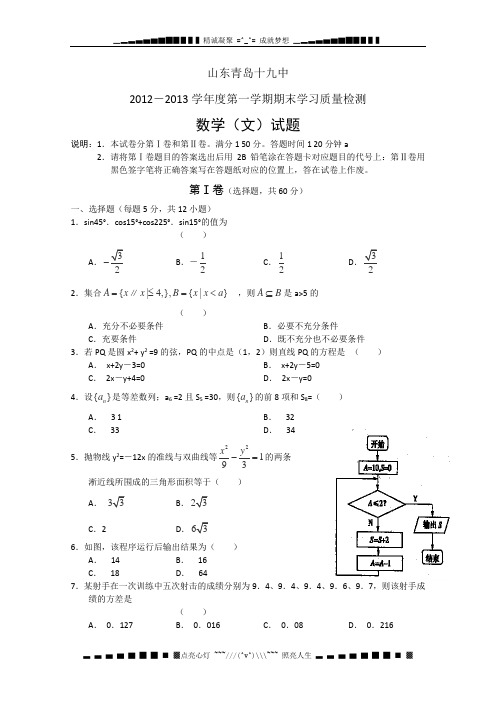 山东省青岛19中2013届高三上学期期末学习质量检测 数学(文) Word版含答案