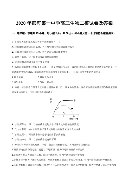 2020年滨海第一中学高三生物二模试卷及答案