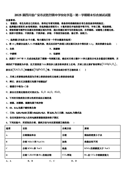 2025届四川省广安市武胜烈面中学校化学高一第一学期期末综合测试试题含解析