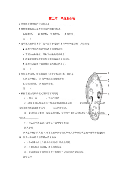 七年级生物上册 2.2.4《单细胞生物》同步练习1 (新版)新人教版