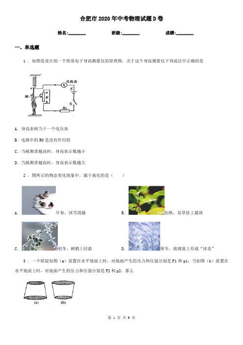 合肥市2020年中考物理试题D卷