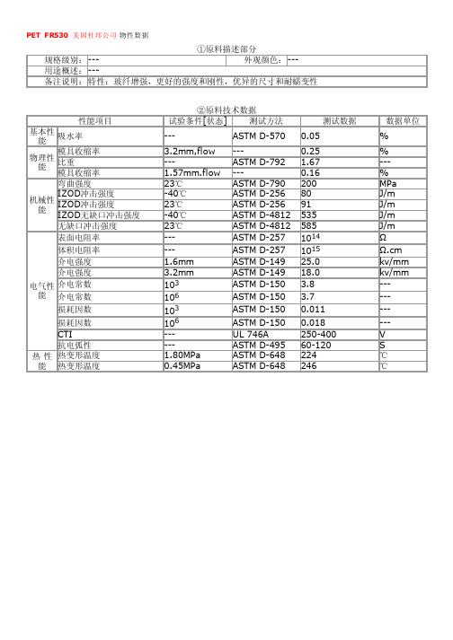 PET美国杜邦FR 物性表