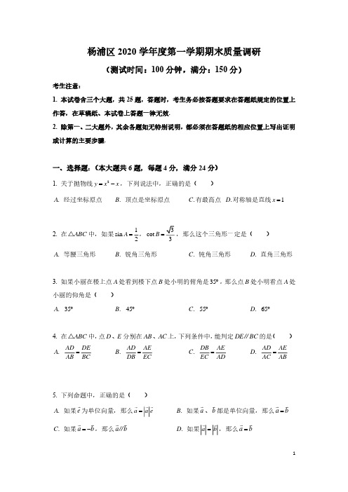 2020学年上海市杨浦区九年级数学一模卷