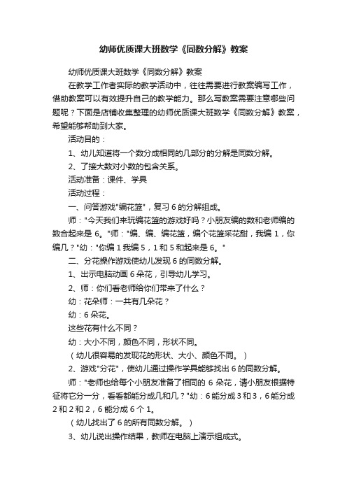 幼师优质课大班数学《同数分解》教案