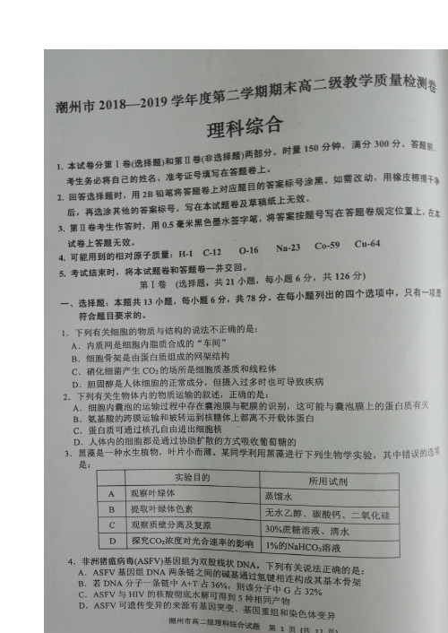 广东省潮州市2018-2019学年高二下学期期末教学质量检测理科综合试题 扫描版含答案