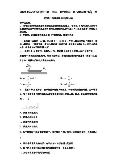 2024届安徽省合肥市第一中学、第六中学、第八中学联合高一物理第二学期期末调研试题含解析