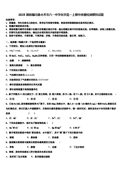 2025届新疆乌鲁木齐市八一中学化学高一上期中质量检测模拟试题含解析