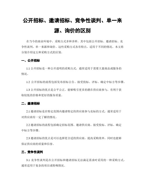 公开招标、邀请招标、竞争性谈判、单一来源、询价的区别