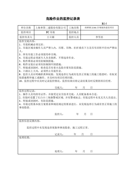 危险作业的监控记录表