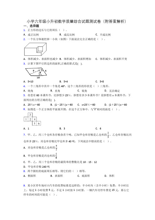 小学六年级小升初数学质量综合试题测试卷(附答案解析)