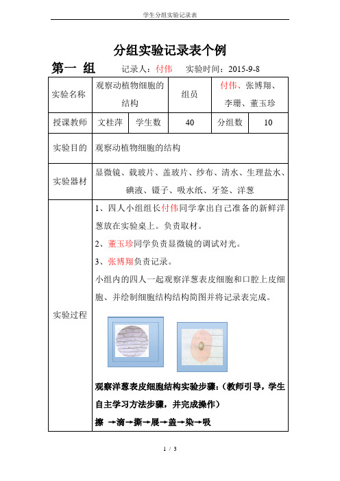 学生分组实验记录表