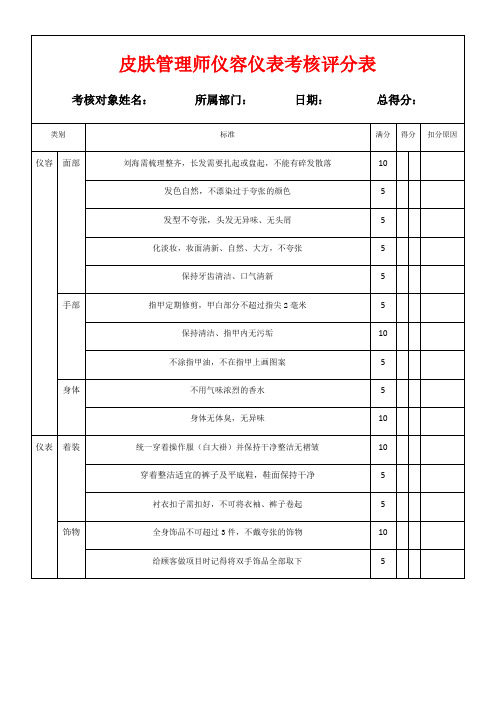 美容师皮肤管理师仪容仪表检查评分表