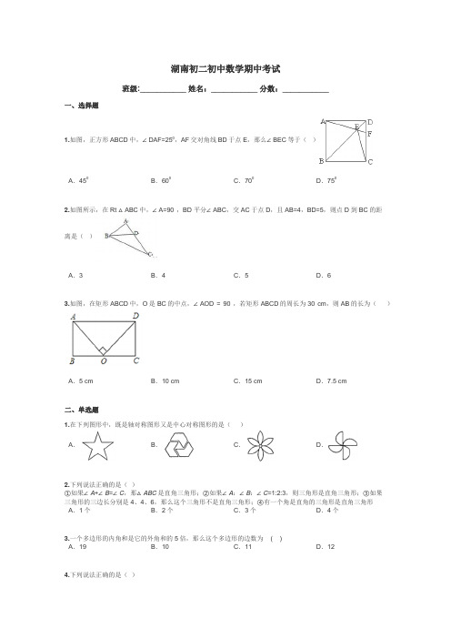 湖南初二初中数学期中考试带答案解析
